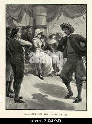 Royal navy sailors dancing on the forecastle, with women on board, 18th Century Stock Photo