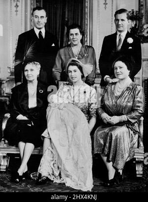 The Royal Baby And God Parents Christening Group - Princess Elizabeth, holding Princess Anne, with godparents after the christening ceremony. in front are Princess Alice Countess of Athlone (left), proxy for Princess Andrew of Greece, baby's paternal grandmother, and Queen Elizabeth (right). Behind are left to right: Earl Mountbatten, Princess Margarita of Hohenlchs - Langenburg, the Duke of Edinburgh's eldest sister; the Hon. Andrew Elphistone, first cousin of Princess Elizabeth.Princess Anne , daughter of Princess Elizabeth and the Duke of Edinburgh, was christened at Buckingham Palace, Lond Stock Photo