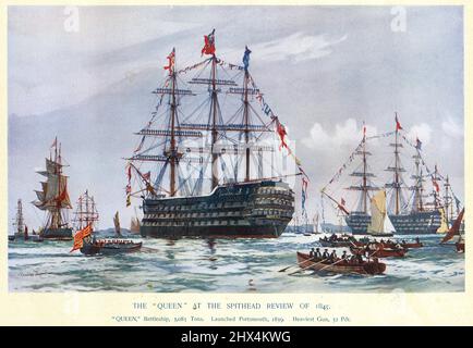 HMS Queen (1839) at Spithead review of 1845. HMS Queen was a 110-gun first-rate ship of the line of the Royal Navy. She was the last purely sailing built battleship to be ordered. Stock Photo