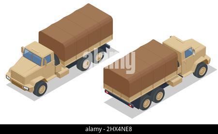 Isometric military heavy truck. Military army vehicle isolated military heavy truck on white background Stock Vector