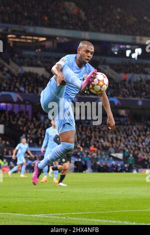 Manchester, UK. 03rd Mar, 2022. Fernandinho (C) (25 Manchester City) in action during the UEFA Champions League round of 16 second leg match between Manchester City and Sporting Lisbon at Etihad stadium in Manchester. Will Palmer/SPP Credit: SPP Sport Press Photo. /Alamy Live News