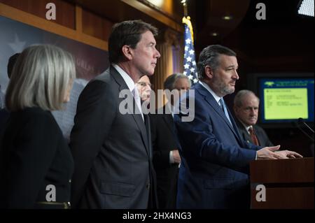 Washington, United States. 09th Mar, 2022. Sen. Ted Cruz, R-TX, along with other Republican senators, speak during a press conference on the Iran Nuclear Deal at the US Capitol in Washington, DC on Wednesday, March 9, 2022. Photo by Bonnie Cash/UPI Credit: UPI/Alamy Live News Stock Photo