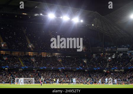Manchester, UK. 03rd Mar, 2022. A general view of the ground during the UEFA Champions League round of 16 second leg match between Manchester City and Sporting Lisbon at Etihad stadium in Manchester. Will Palmer/SPP Credit: SPP Sport Press Photo. /Alamy Live News