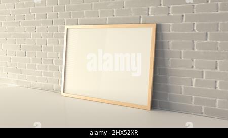 Horizontal frame poster mock up on the white table with white brick wall on background Stock Photo