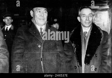 Japanese Naval Delegates Arrive -- Japan's delegation to the London Naval ***** which stars next Monday, arrived at Victoria *****. Admiral Osmai Nagano (left) head of ***** and Mr. Matsuzo Nagai (right), former ***** Ambassador to Berlin, photographed on *****. December 30, 1935. (Photo by Keystone) Stock Photo