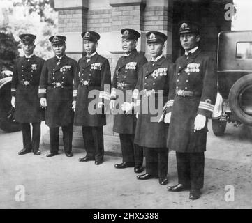 His Majesty the Emperor entertained the Japanese Naval representatives for the coming Disarmament conference in the Imperial Palace. The third from right, is Vice-Admiral Nagano, chief of the naval representative with his suits pictured at the Naval Ministry. December 5, 1932. Stock Photo
