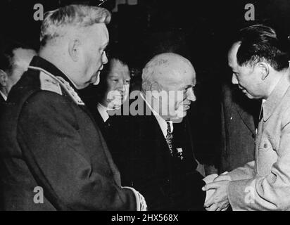 Mao Zedong left and Nikita Khrushchev right during the celebrations of ...