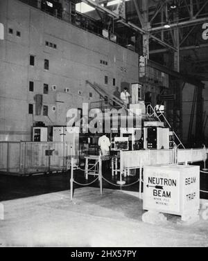 Britain's Atomic Pile Helps In Battle Against Disease - The 'experimental' face of the pile at Harwell Station. The apparatus near the face includes a neutron spectrometer and a mechanical velocity selector. Other experimental equipment can be seen on top of the pile. Britain revealed that she may have Ships driven by atomic energy within less than ten years when, following a two-year-lapse, she unveiled a few more of her atom secrets in a press visit to the Atomic Research Station at Harewell, Berkshire. Sir John Cockcroft, Director of the Establishment, disclosed that Britain's scientists Stock Photo