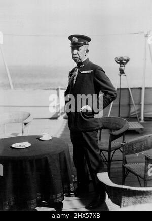H.I.H. Prince Fushimi on board the 'Hiyei'. The battleship 'Hiyei' (superintendant's ship), carrying on board H.I.H. Prince ***** Admiral Fushimi, Chief of the Naval Staff, who assumed in person supreme command of the maneuvers during the final stage, took up her position in the bay about three miles south of Uchide beach at 9 a.m. near Kebe. October 19, 1934. (Photo by Shimbun Rengo News Photos Service). Stock Photo