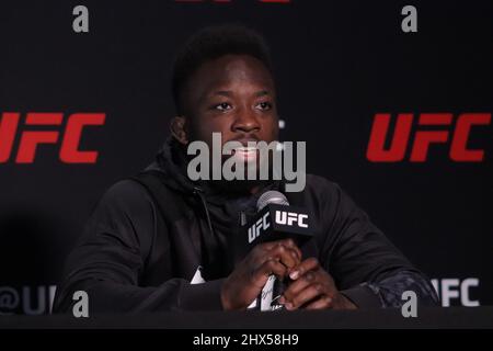 LAS VEGAS, NV - MARCH 9: Sodiq Yusuff interacts with media during the UFC Fight Night 203 Media Day at UFC Apex on March 9, 2022, in Las Vegas, Nevada, United States. (Photo by Diego Ribas/PxImages) Stock Photo