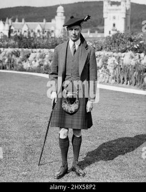 The King - then the Duke of York - wears Scot's costume, as he is pictured here in the beautiful grounds of Balmoral Castle in Scotland. September 15, 1924. (Photo by Reuterphoto) Stock Photo