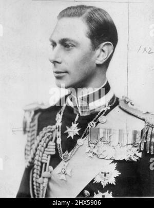 May Rule British Dominions: The eyes of the world turned toward the Duke of York (above), younger brother of King Edward VIII, today as the latter was reported ready to Abdio - at his throne at once and flec to France and Mrs. Wallis Warfield Simpson. Prime Minister Stanley Baldwin, Edward's Bitterest foe in his battle of for the right to wed Mrs. Simpson, was expected to make the announcement of the King's final decision before parliament later in the day. October 12, 1936. (Photo by Associated Press Photo) Stock Photo