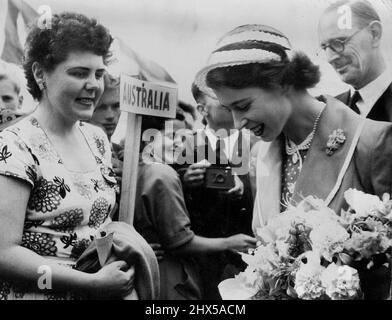 Princess Elizabeth talking to a young Australian, Marcia Speers, Sydney, when she visited the World ***** of Youth at ***** England. June 24, 1951. Stock Photo