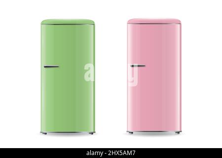 Vector 3d Realistic Retro Vintage Green, Pink Fridge Icon Set Isolated. Vertical Refrigerators. Closed Fridges. Design Template, Mockup of Fridge Stock Vector
