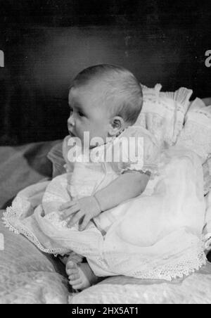 H.R.H. Prince Charles - Latest Photographs. Taken by Royal Command, picture shows H.R.H. Prince Charles at Buckingham Palace. The fair-haired, blue-eyed infant Prince was 19 weeks when photographed, weighing 16 lbs. 2 ozs. April 6, 1949. (Photo by Baron, Camera Press). Stock Photo