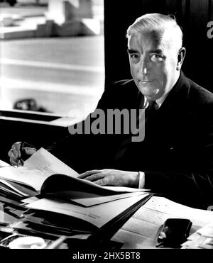 [Sir] Robert Menzies, at Parliament House, Canberra for The Times, London. Sir Robert Menzies (1894-1978) served twice as Prime Minister of Australia: from 1939 to 1941 as leader of the United Australia Party and from 1949 to 1966 as leader of the Liberal-Country Coalition. Max Dupain and Kerry Dundas travelled to Canberra to photograph Menzies after his election for his second term as leader of the Liberal-Country Coalition. Menzies retired in 1966 and was succeeded by Harold Holt. November 1, 1951. (Photo by Max Dupain). Stock Photo