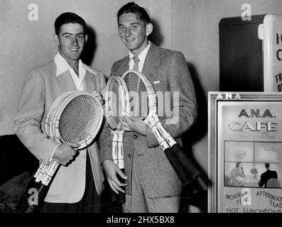 Australian Davis Cup players Kin Roseware & Bill Gilmour leaving for Melbourne by ANA this morning to play in the Victorian Championship. January 1, 1953. Stock Photo