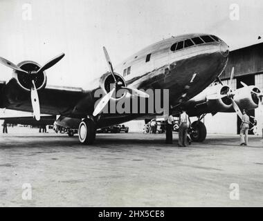 For Substratosphere Flights - The huge $300, 000 Boeings Stratoliner pictured recently after it landed at the grand central air terminal here after a flight from its home base in Seattle, Washington. The plane was flown by Howard Hughes, Noted sportsman and pilot, who will take it into the Substratosphere on several flights soon. July 17, 1939. (Photo by Wide World Photo). Stock Photo