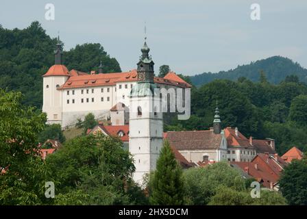 Slovenia, Upper Carniola, Skofja Loka, Loka Castle and town Stock Photo