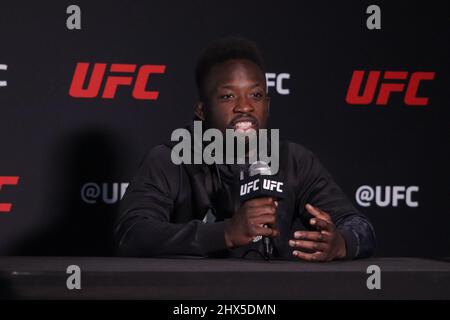 March 9, 2022, Las Vegas, Nevada, Las Vegas, NV, United States: LAS VEGAS, NV - MARCH 9: Sodiq Yusuff interacts with media during the UFC Fight Night 203 Media Day at UFC Apex on March 9, 2022, in Las Vegas, Nevada, United States. (Credit Image: © Diego Ribas/PX Imagens via ZUMA Press Wire) Stock Photo