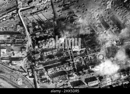 Damage at Bohlen Synthetic oil plant - Gutted and bomb blasted buildings and installations of the synthetic oil plant of Braunkohle Benzin A.G. at Bohlen. This target has been attacked by RAF and USAAF bombers, and this reconnaissance picture was taken shortly after a RAF attack on the night of March 20th, 1945. May 29, 1945. (Photo by British Official Air Ministry) Stock Photo