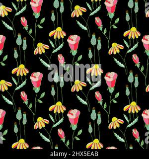 Hand drawn flowers vector seamless background. Floral pattern on black background in doodle style. For fabric, wallpaper or packaging. Stock Vector