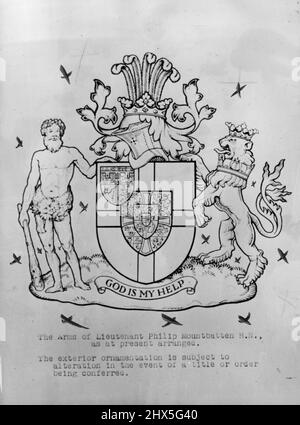 The arms of Lieutenant Philip Mountbatten R.N., as at present arranged. The exterior ornamentation is subject to alteration in the event of a title or order being conferred. Lieut Philip Mountbatten's Coat Of Arms - LT. Philip Mountbatten's coat of arms. The design bears the arms of Princess Alice, Lieut. Mountbatten's grandmother over all in the first quarter, on the arms of Denmark and Greece, and the lion of England gorged with a naval crown. The crest has five ostrich features derived from the Carisbrooke and Mountbatten arms. November 24, 1947. Stock Photo