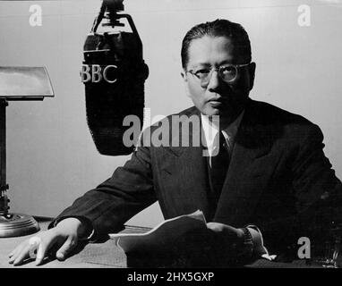 Dr. T. V. Soong, Minister for Foreign Affairs in the Chinese Government, who broadcast the Postscript on Sunday evening, 8th August, 1943, in the BBC Home and Forces programmes, during his visit to England. His talks was broadcast also in the BBC North American and Pacific Service, and subsequently in the African Service. March 26, 1947. (Photo by BBC). Stock Photo