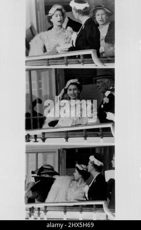 Queen At Ascot Ladies Day. Queen Elizabeth II at Royal Ascot for Ladies Day today, June 17, chats with friends in the Royal Box and in the bottom photo, points out what looks like a good thing to her companion. June 17, 1954. (Photo by Associated Press Photo). Stock Photo