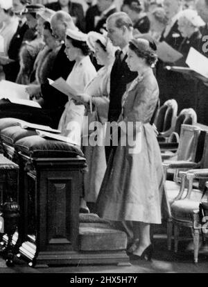 Queen And The Duke Go To St. Paul's Service The Queen, with the Duke of Edinburgh and Queen Elizabeth the Queen Mother are pictured during the Coronation Thanksgiving Service at St. Paul's Cathedral, London, to-day. The Queen drove from Buckingham Palace to attend the service, at which Dr. Fisher, the Archbishop of Canterbury, preached the sermon. Sir Winston Churchill, the Prime Minister, read the lesson. June 6, 1953.