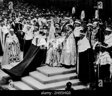 The Coronation of Queen Elizabeth II. Peers outisde Westminster Abbey ...