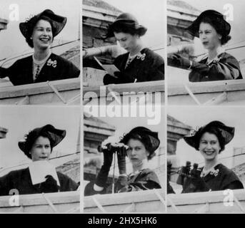 Royal Racegoer At Ascot -- These six pictures show the Queen watching the racing at Ascot, Berkshire, today, July 19, from the top of the Royal Box. Her Majesty saw the Aga Khan's Tulyar win the £23,000 King George VI and Queen Elizabeth stakes, ridden by Charlie Smirke. July 19, 1952. (Photo by Associated Press Photo). Stock Photo