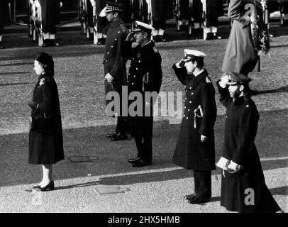 Remembrance Sunday (1931) -- Salute....The Queen stands before the Cenatoph with (from left): Duke of Kent, Prince Philip, Prince Charles and Prince Michael of Kent. The Queen was accompanied by the Duke of Edinburgh and other members of the Royal Family as she led the nation in mourning for the dead of two world wars on Sunday November 3 at the Cenatoph in London's Whitehall. Also present for the traditional wreath-laying ceremony and the march-past by war veterans were Government ministress, Commonwealth representatives and foreign ambassadors. November 9, 1931. (Photo by Syndication Stock Photo