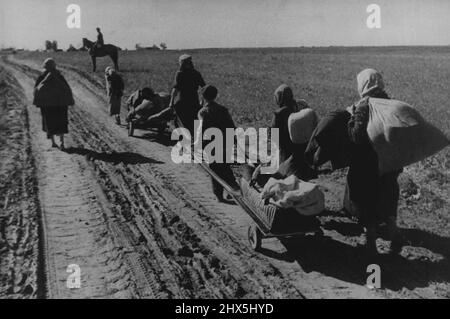 The Russians Come Back Home: The Return To The Collective Farms Around Kursk -- First come the women and children with all the possessions they have kept. After them will come the cattle, the sheep and the horses that were evacuated to the east and are now returning. February 2, 1951. (Photo by Pictorial Press). Stock Photo