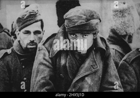 German prisoners huddle with those from the axis satellite countries from the sharp winds of Stalingrad. February 22, 1943. (Photo by Soviet Newsreels Picture). Stock Photo