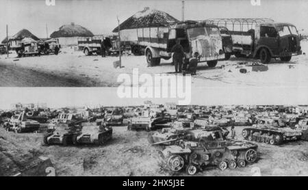Abandoned By Germans During Russian Advance -- German trucks (top) were abandoned during the Russian advance in the middle Don area, while the tanks (bottom) were captured by soviet troops southwest of Stalingrad, according to the captions accompanying these Russian photos. Original of both picture were in two sections. April 14, 1943. (Photo by AP Wirephoto). Stock Photo