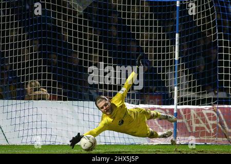 HARTLEPOOL, UK. MAR 9TH Hartlepool Goalkeeper Ben Killip saves a penalty during the EFL Trophy match between Hartlepool United and Rotherham United at Victoria Park, Hartlepool on Wednesday 9th March 2022. (Credit: Michael Driver | MI News) Credit: MI News & Sport /Alamy Live News Stock Photo