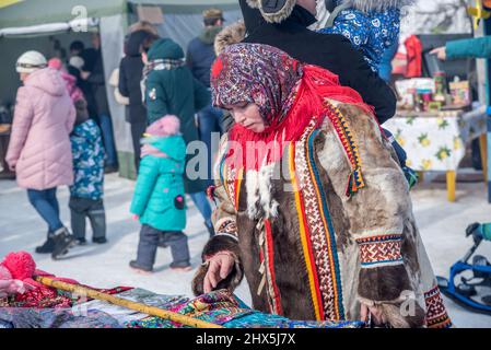 A Nenet woman in traditional clothes at Reindeer Herders Festival in Salekhard, Yamalo-Nenets Autonomous Okrug, Russia Stock Photo