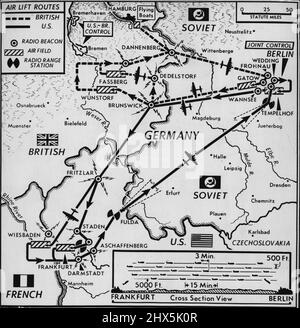 How The Airlift Works In Berlin -- This map shows how U.S. and British air forces feed land-blockaded Berlin. Most U.S. planes use the southern corridor into Berlin. This runs almost on a bee-line from Frankfurt. Into it feed C-54 ransports from Frankfurt's Rhein-Main airbase and C-47s from nearby Wiesbaden. All these planes land at Tempelhof, U.S. operated airbase in Berlin. All British planes and about 40 U.S. C-47s use Northern corridor to Berlin, running southeast from Hamburg area and landing at British-Operated Gatow Airfield in Berlin. British zone takeoff fields are at Fassberg and Stock Photo
