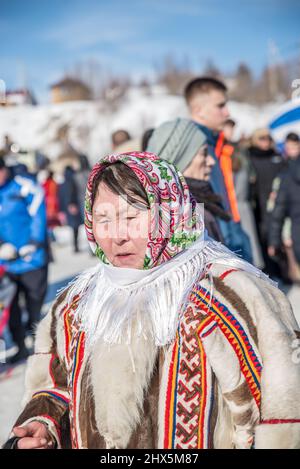 Nenet woman in traditional clothes at Reindeer Herders Festival in Salekhard, Yamalo-Nenets Autonomous Okrug, Russia Stock Photo