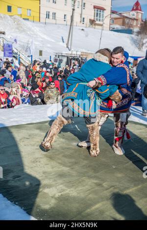 Traditional Nenet wrestling competition at Reindeer Herders Festival in Salekhard, Yamalo-Nenets Autonomous Okrug, Russia Stock Photo