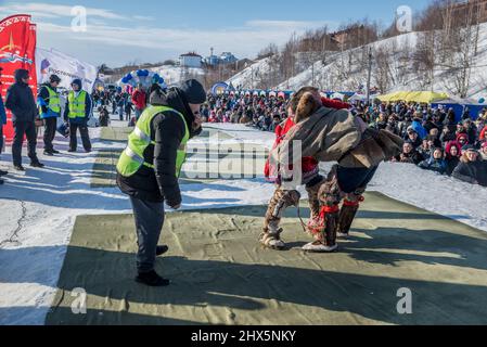 Traditional Nenet wrestling competition at Reindeer Herders Festival in Salekhard, Yamalo-Nenets Autonomous Okrug, Russia Stock Photo