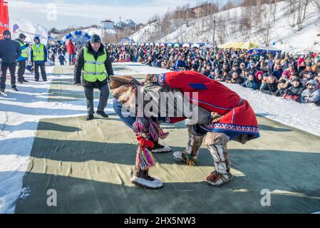 Traditional Nenet wrestling competition at Reindeer Herders Festival in Salekhard, Yamalo-Nenets Autonomous Okrug, Russia Stock Photo