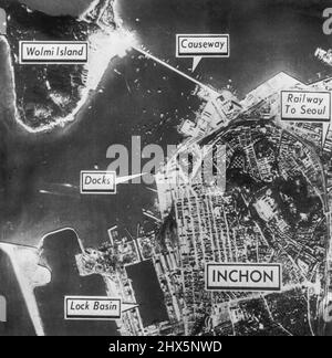 Diagram of Inchon Invasion Area - Aerial photo-diagram shows allied invasion area of Inchon and Wolmi Island on west coast of South Korea. The Island is connected to the city by a causeway. The city's port facilities are back in operation and in use by allied forces. Invasion forces quickly pushed through Inchon against light North Korean opposition and today were fighting in suburbs of Seoul--Red-held South Korean capital--22 miles inland. September 16, 1950. (Photo by AP Wirephoto). Stock Photo