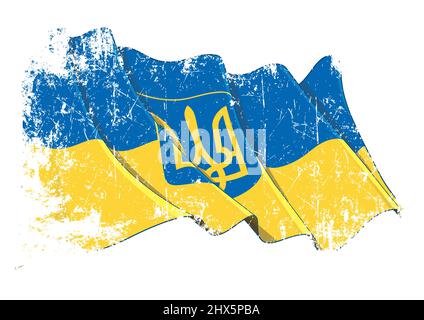 Grunge vector illustration of a scratch textured waving State Flag of Ukraine. All elements on well-defined layers and groups. Stock Vector