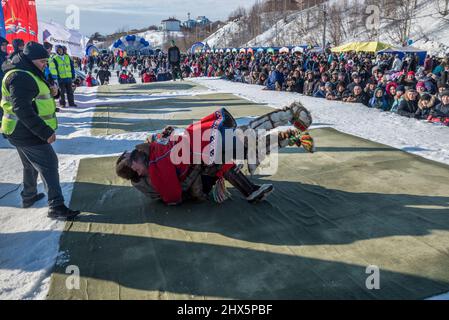 Traditional Nenet wrestling competition at Reindeer Herders Festival in Salekhard, Yamalo-Nenets Autonomous Okrug, Russia Stock Photo