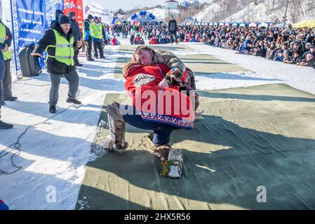 Traditional Nenet wrestling competition at Reindeer Herders Festival in Salekhard, Yamalo-Nenets Autonomous Okrug, Russia Stock Photo