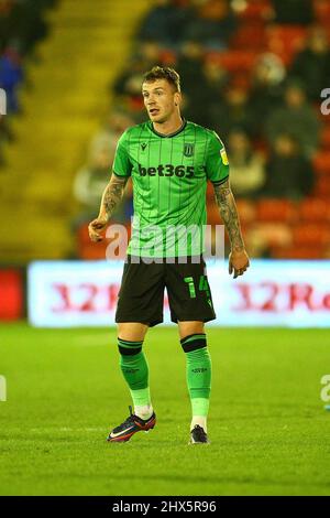 Oakwell, Barnsley, England - 8th March 2022 Josh Tymon (14) of Stoke - during the game Barnsley v Stoke City, Sky Bet EFL Championship 2021/22, at Oakwell, Barnsley, England - 8th March 2022,  Credit: Arthur Haigh/WhiteRosePhotos/Alamy Live News Stock Photo