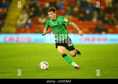 Oakwell, Barnsley, England - 8th March 2022 Josh Tymon (14) of Stoke - during the game Barnsley v Stoke City, Sky Bet EFL Championship 2021/22, at Oakwell, Barnsley, England - 8th March 2022,  Credit: Arthur Haigh/WhiteRosePhotos/Alamy Live News Stock Photo