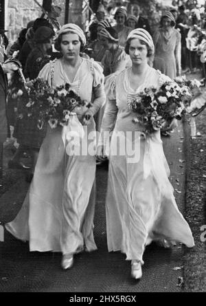 Wedding of Lady May Cambridge - Princess Ingrid of Sweden (on left) and Princess Sibylla of Saxe-Coburg-Gotha, arriving for the ceremony. They were two of the bridesmaids. January 06, 1932. (Photo by Central News). Stock Photo